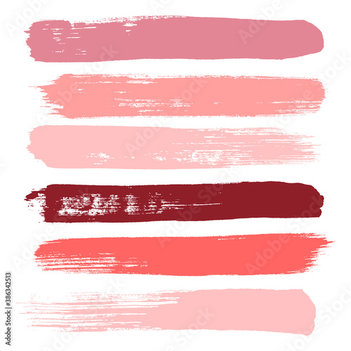 Makeup strokes, Set of lipstick swatches, Beauty and cosmetic nude, pink and red brush smudges vector background. smear make up lines collection, liquid make up texture isolated on white.