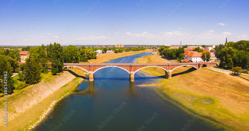 Aerial view of Stari bridge crossing the Kupa river at Sisak, Croatia.