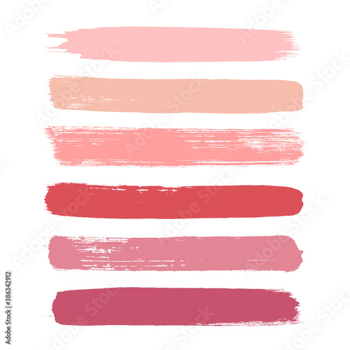 Makeup strokes, Set of lipstick swatches, Beauty and cosmetic nude, pink and red brush smudges vector background. smear make up lines collection, liquid make up texture isolated on white.
