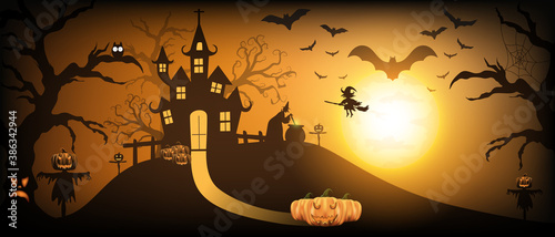 Happy Halloween background with pumpkin ghost, Haunted house with full moon and The witch was casting magic spells and made poison. Template for Halloween party. Vector illustration