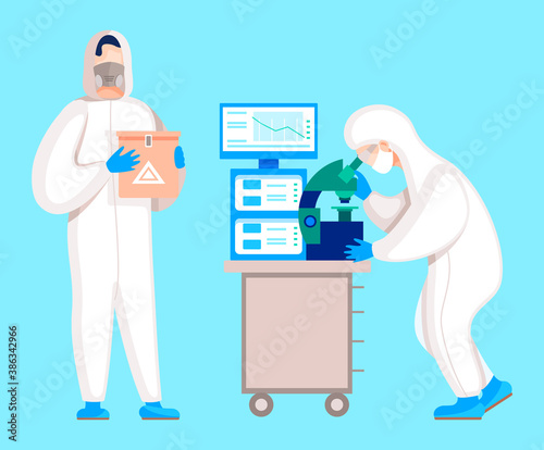 Scientists working in laboratory. People using microscope to analyze bacteria or virus sample. Colleagues or coworkers in team researching new stamp. Illness or sickness treatment, vector in flat