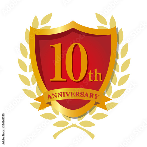 月桂樹のリース付きアニバーサリーの盾型赤アイコン10周年記念
