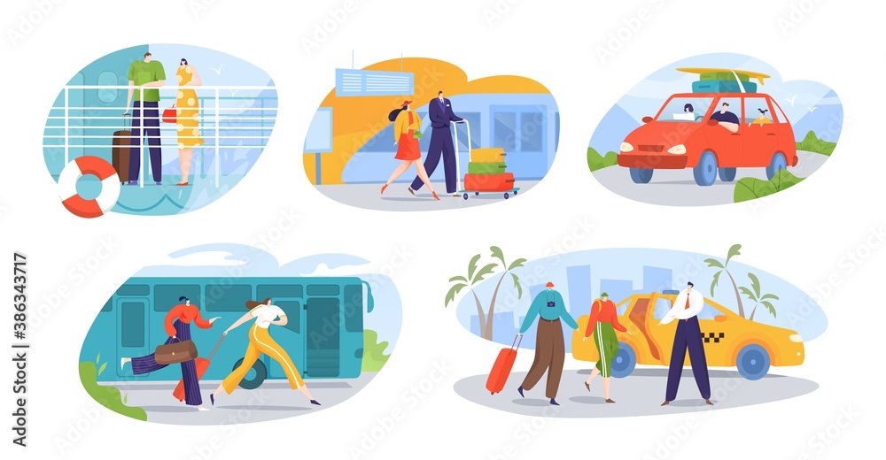 Fototapeta premium Travelers and tourists transport set of isolated vector illustrations. Trip to world different vehicles. Suv car, plane in airport, touristic boat, yacht and taxi. Tourism and travel transportation.