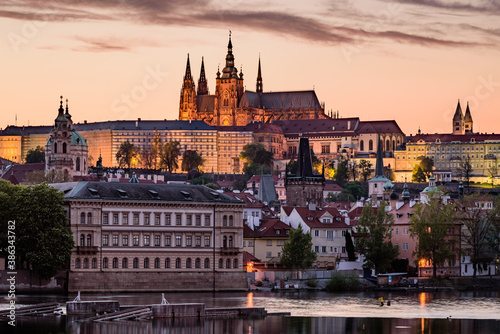 A beautiful summer dawn full of colors in the historic center of Prague.