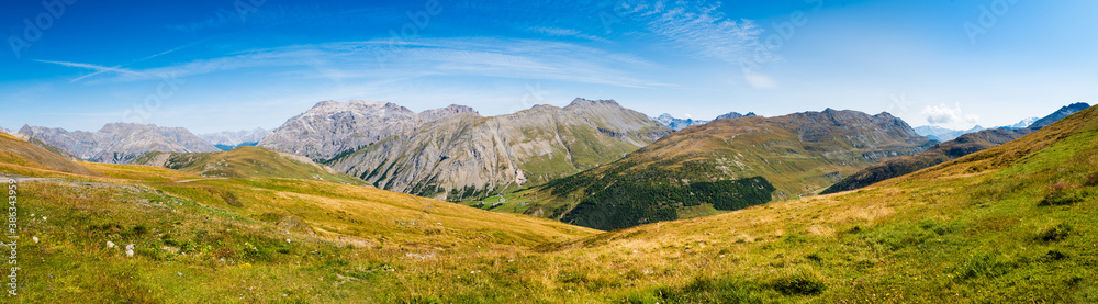 Mottolino Bike park in Livigno, Italy. Panoramic view of mountains in Livigno, Italy. 