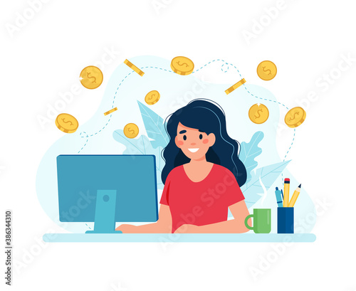 Earn money online, woman with a computer and coins. illustration in flat style