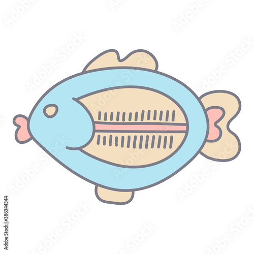 Baby bath water thermometer in color doodle style. Fish shape.  Flat style with outline. Hand drawn vector illustration isolated on white background. Pastel colors, pink, blue, beige.