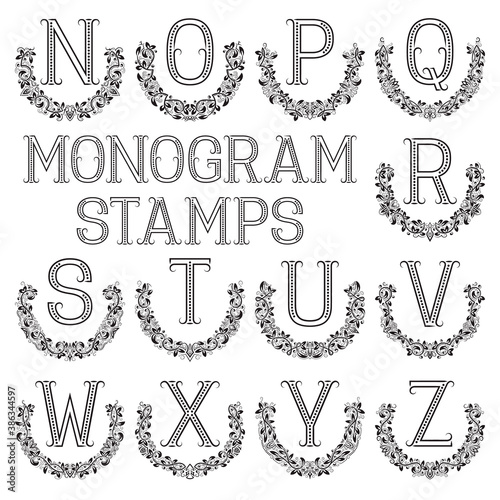 Monogram stamps set. Letters from N to Z in semicircular floral frames.