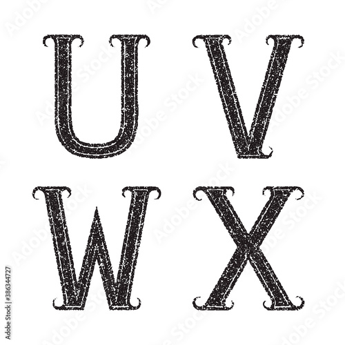 U, V, W, X black letters of grainy texture. Font in grunge style.