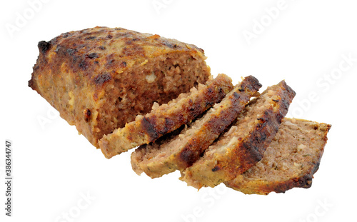Baked beef and pork meatloaf isolated on a white background