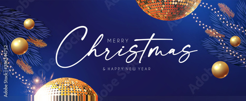 Happy New 2021 Year Shining holiday design with gold disko ball, fir tree branches, glossy toys, gifts and light. Party invitation