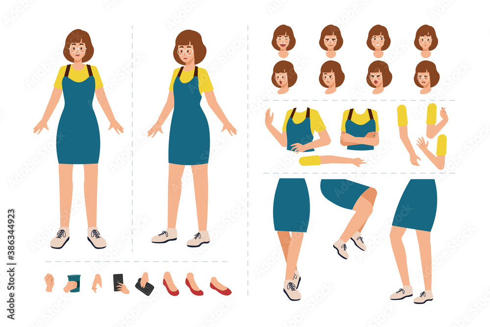 Girl cartoon character for motion design with facial expressions, hand gestures, body and leg movement