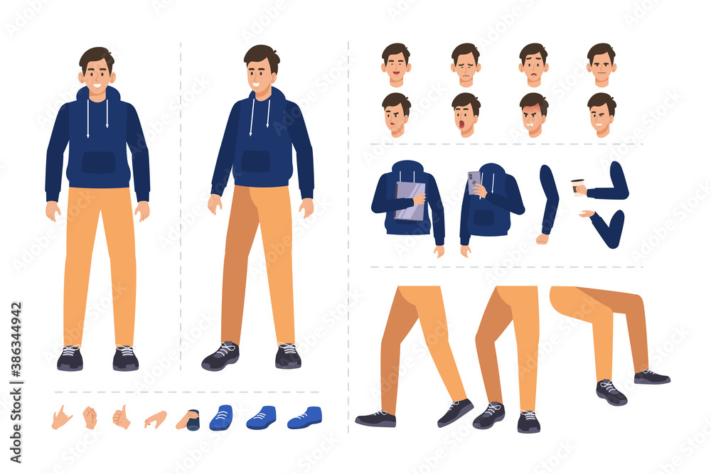 Young man cartoon character for motion design with facial expressions, hand gestures, body and leg movement