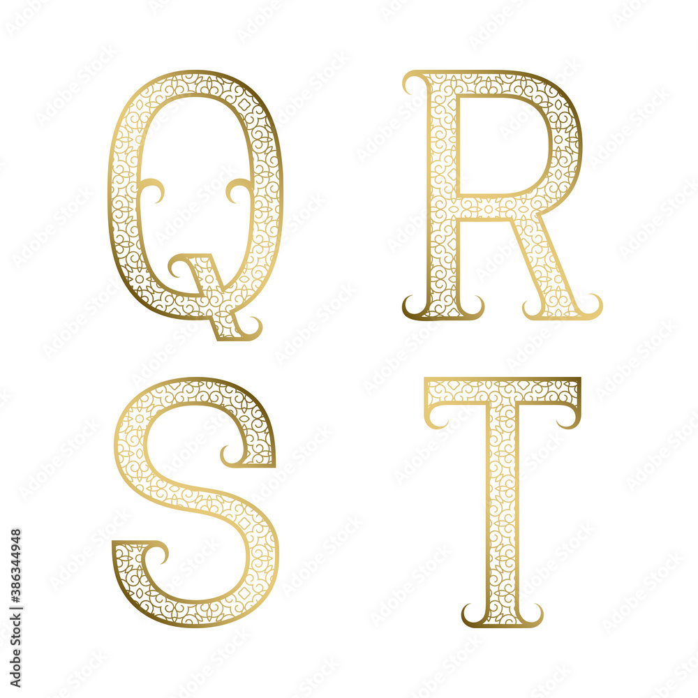 Q, R, S, T golden ornamental letters with flourishes. Decorative patterned vintage font. Q, R, S, T golden ornamental letters with flourishes. Decorative patterned vintage font.