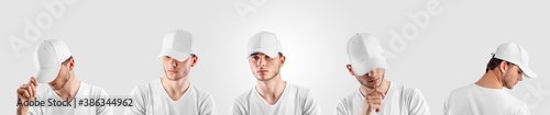Mockup white blank cap on guy, hat for sun protection isolated on background.