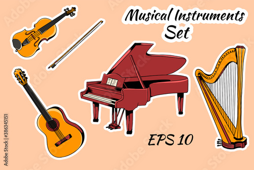 Vector set of musical instruments. Stringed Instruments Set Piano Harp Violin Guitar Vector Stickers