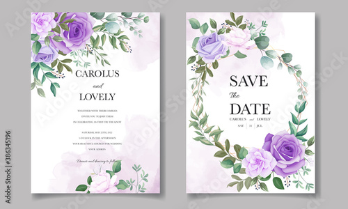 Elegant set of wedding invitation cards with beautiful purple floral