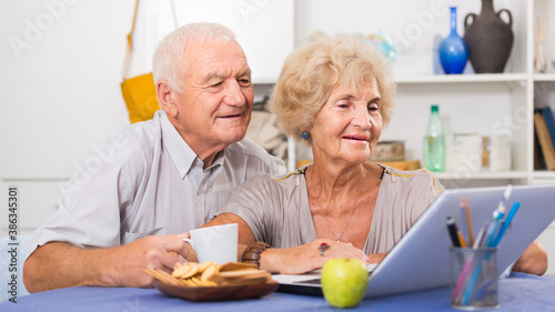 Happy elderly pair using laptop sitting at table at home.