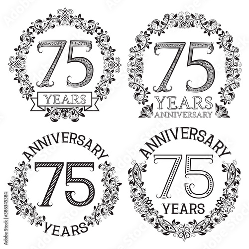 Seventy fifth anniversary emblems set. Patterned celebration signs in vintage style.