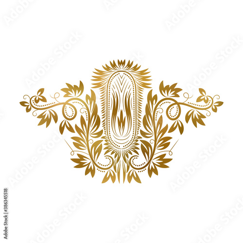 Patterned shield with floral decoration. Medieval coat of arms in tribal totem style.