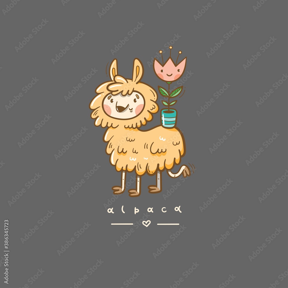 Fototapeta premium Card with cute cartoon alpaca and flower in pot. Doodle Funny animal. Cheerful fluffy pet. Vector contour colorful image.