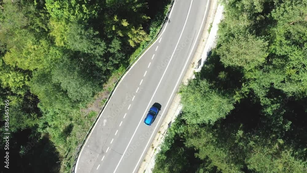 Road through the green forest, Aerial view car drive into a tunnel going through forest, Aerial top view forest