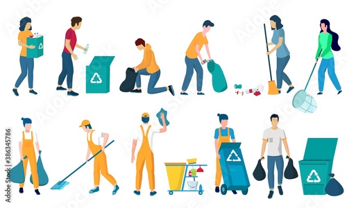 Cleaning company staff, male, female character set, flat vector isolated illustration. Cleaner lady, janitor man with home cleaning equipment. Floor and window washing, dusting, garbage collection.