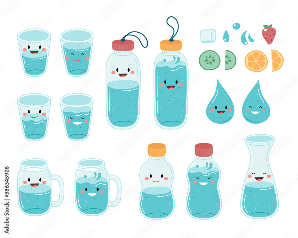Drink more water. Cute bottles and glasses collection Drink more water. Cute bottles and glasses collection