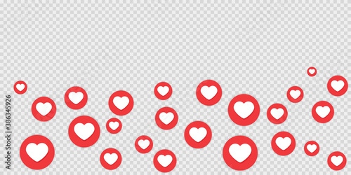Social media like buttons. Heart in red circle in live chat. Falling like symbol on transparent background. Isolated rate illustration. Social media marketing template in flat. Vector EPS 10.