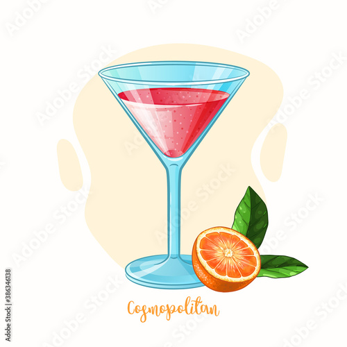 Vector Cosmopolitan Cocktail Glass with orange. Alcohol drink illustration