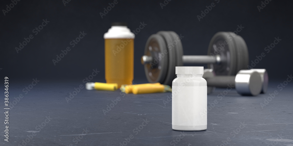 Supplement and gym and fitness workout equipment. Sport lifting bodybuilding concept with vitamins background. Body supplements copy space black template. 3d rendering. Supplement and gym and fitness workout equipment. Sport lifting bodybuilding concept with vitamins background. Body supplements copy space black template. 3d rendering.