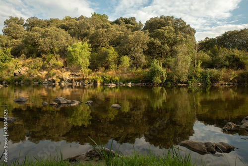 summer landscape with river and blue sky.