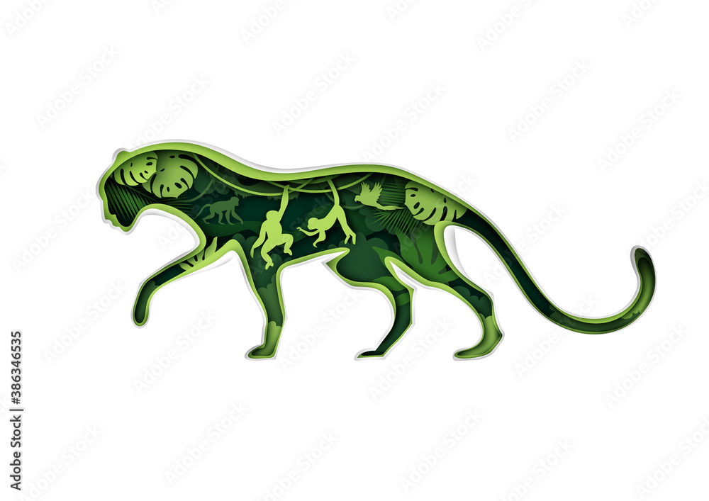 Jaguar silhouette with rainforest, monkeys, parrot jungle animals inside, vector illustration in paper art style. The beauty of nature. Save animals, protect and discover wildlife. Multiple exposure.