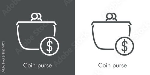 Icono lineal con texto Coin purse con monedero con símbolo de dólar en círculo en fondo gris y fondo blanco