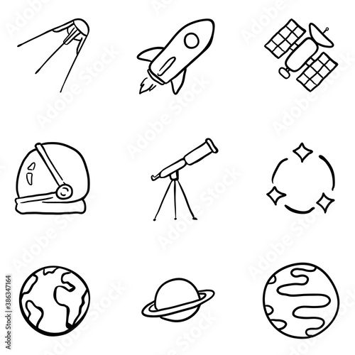 Vector Set of Black Doodle Space Icons.