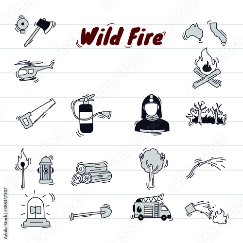 Doodle wildfire illustration style, set in icon compilation black and white with paper background. Ready to use for print, website.