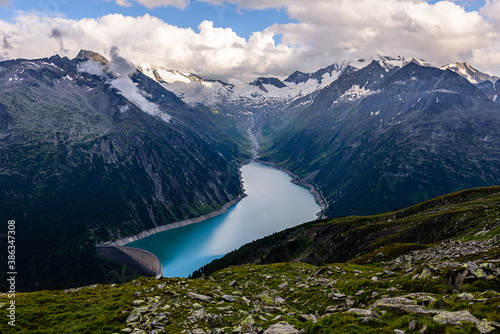 Lake Schlegeis is located in the Zillertal valley, underneath the famous Olperer mountain hut.