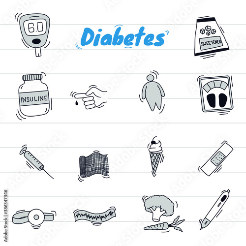 Doodle diabetes illustration style, set in icon compilation black and white with paper background. Ready to use for print, website.