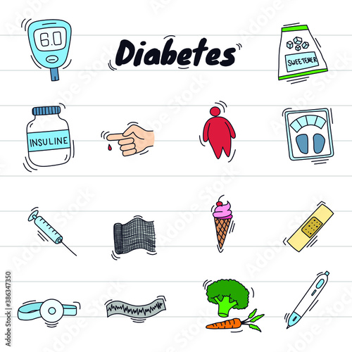 Doodle diabetes illustration style, set in icon compilation colorful with paper background. Ready to use for print, website.