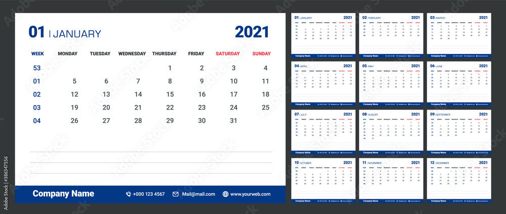 2021 calendar with week numbers. Week Starts on Monday. Planner diary in a minimalist style. Design template.