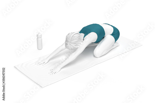 Woman doing childs pose stretch on exercise mat. 3D illustration