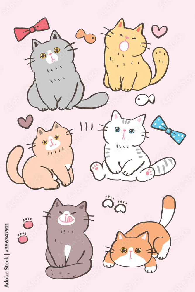 Vector Illustration of Cute Cartoon Cat Characters on Pink Isolated Background