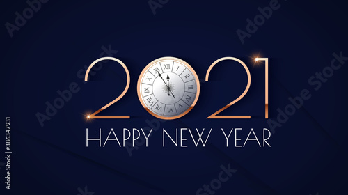 Happy new 2021 year Elegant gold text with clock and light. Minimalistic text template