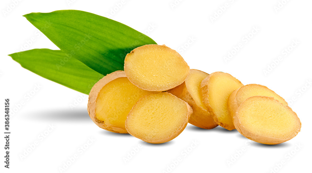 Ginger root, slices of ginger root isolated on white background