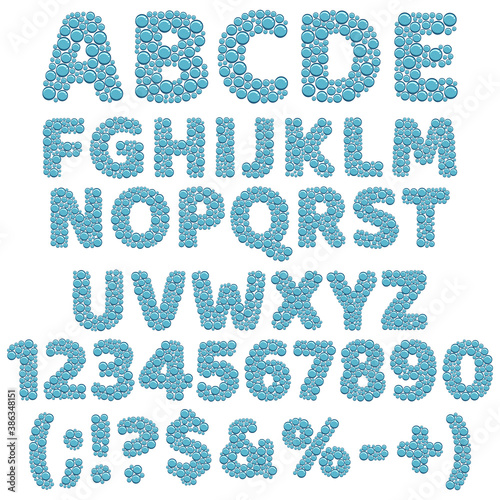 Alphabet, numbers and signs made of bubbles. Isolated vector objects on a white background.