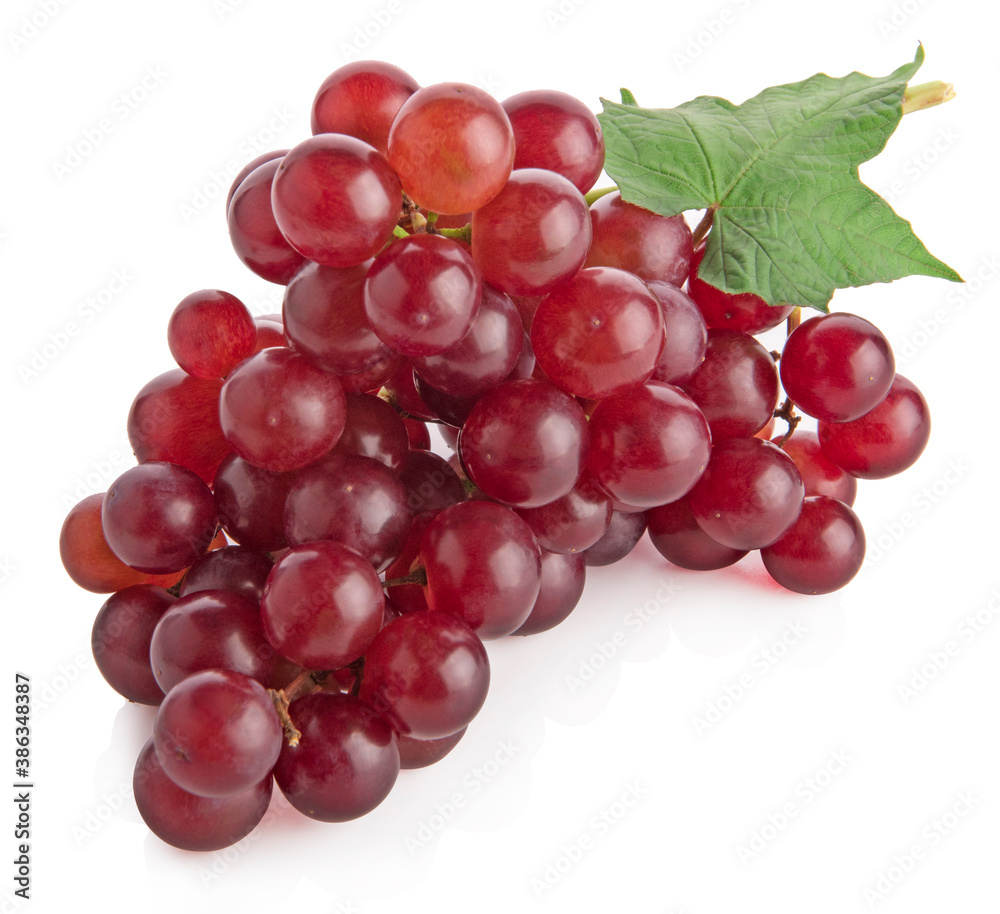 Ripe red grape. Pink bunch with leaves isolated on white. With clipping path. Full depth of field.