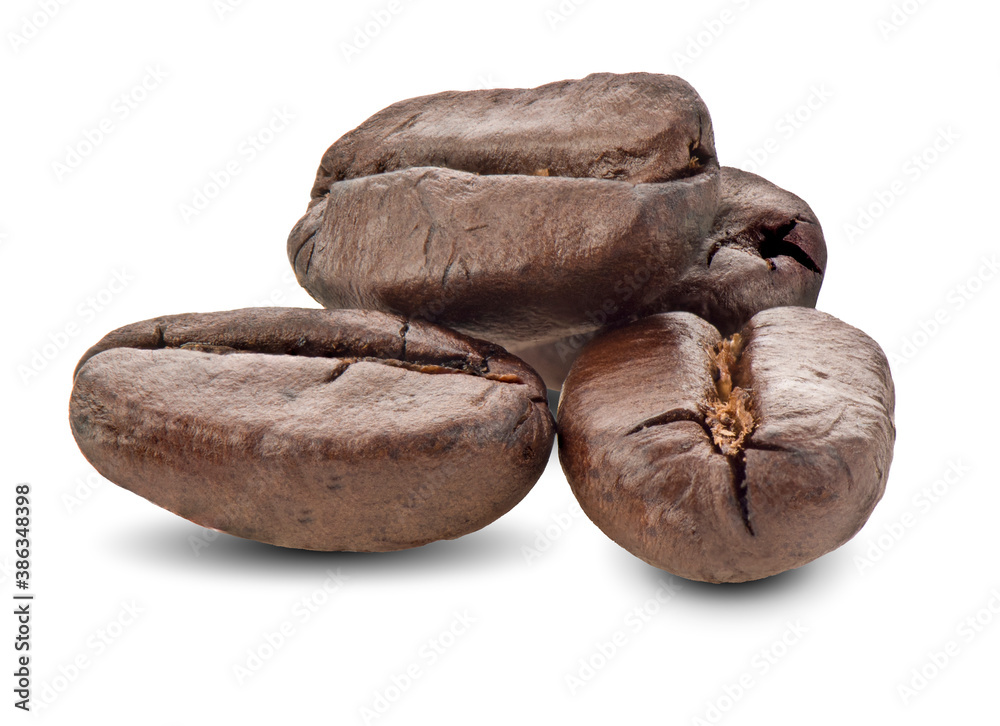 roasted coffee beans isolated in white background cutout