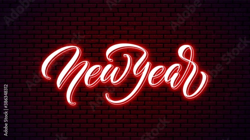 New Year neon handwritten lettering. Bright holiday calligraphy. Happy New Year glowing text.