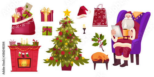 Winter vector Christmas collection with cartoon Santa Claus character, fireplace, x-mas tree. Holiday set with chimney, bag, gift boxes, hat, sleeping cat. Christmas flat collection isolated on white