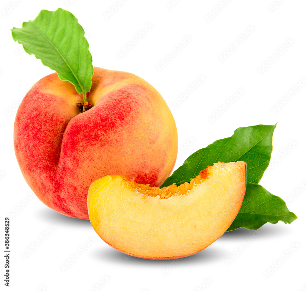 Peach isolate. Peach slice. Peach with leaf on white background. Full depth of field. With clipping path.